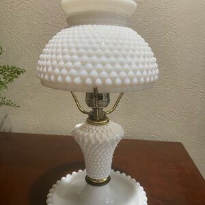 Vintage, Hobnail Milk Glass Table Lamp with a Crumpled Ruffled Edge